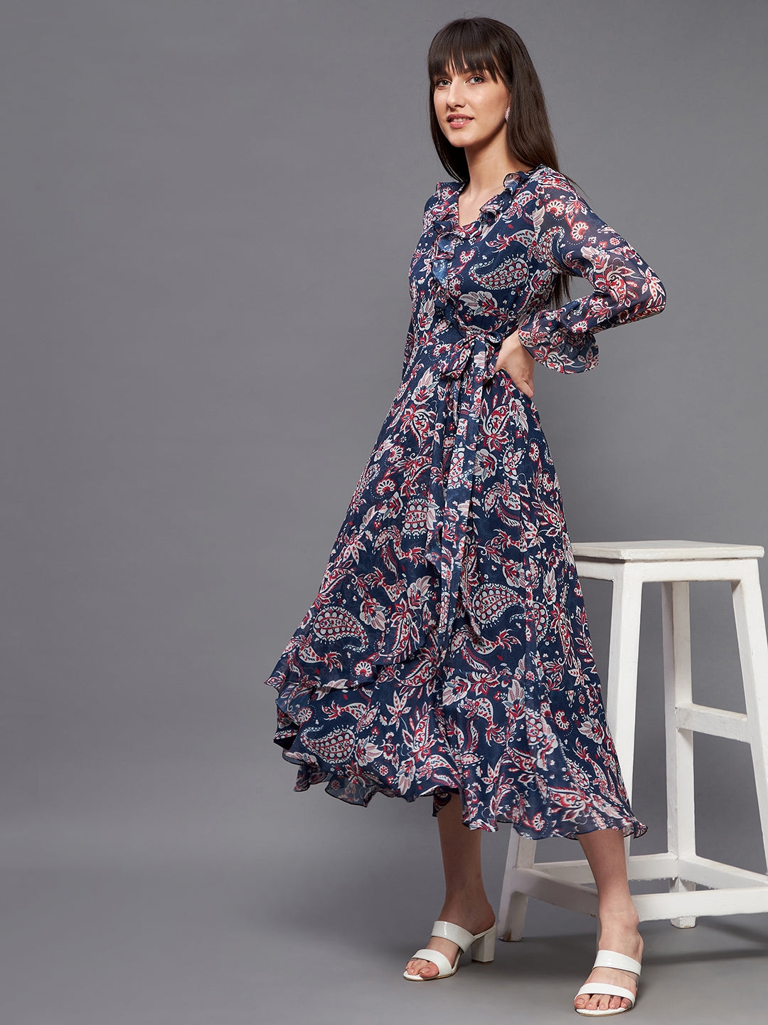 MISS CHASE | Multicolored-Base-Navy Blue V Neck Full Sleeves Polyester Relaxed Fit Midi Length Dress