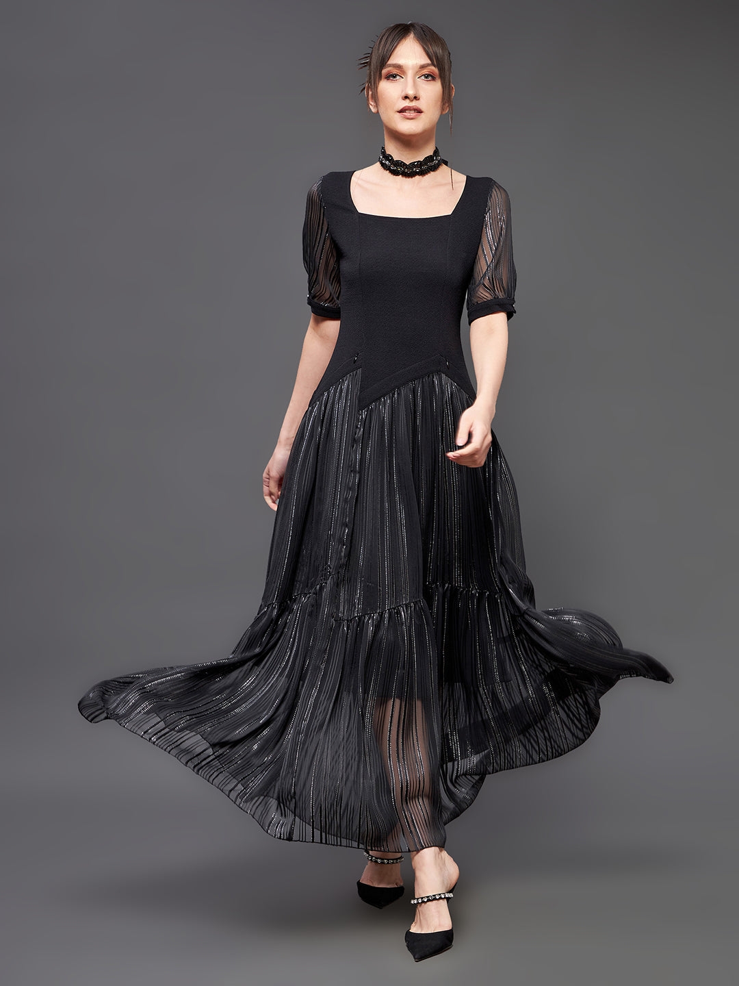 MISS CHASE | Women's Black Polyester SolidEveningwear Fit & Flare Dress