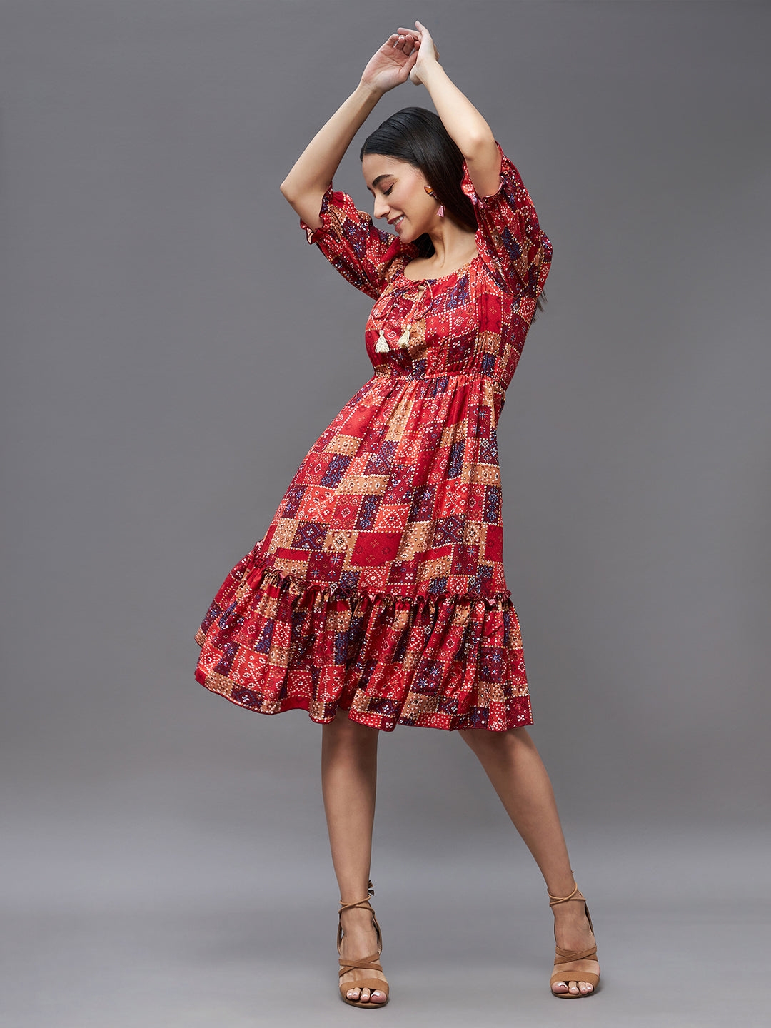 MISS CHASE | Women's Red Viscose Rayon Casualwear Tiered Dress