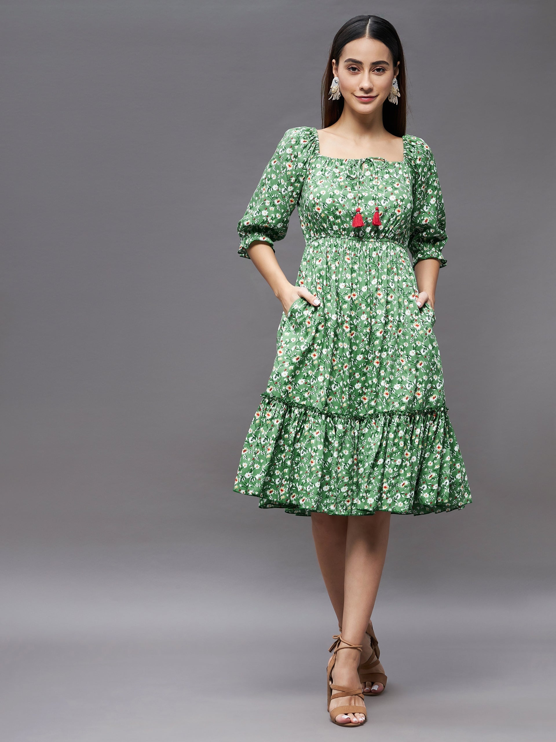 MISS CHASE | Green Floral Square Neck 3/4 Sleeve Viscose Rayon Ruffled Knee Length Dress