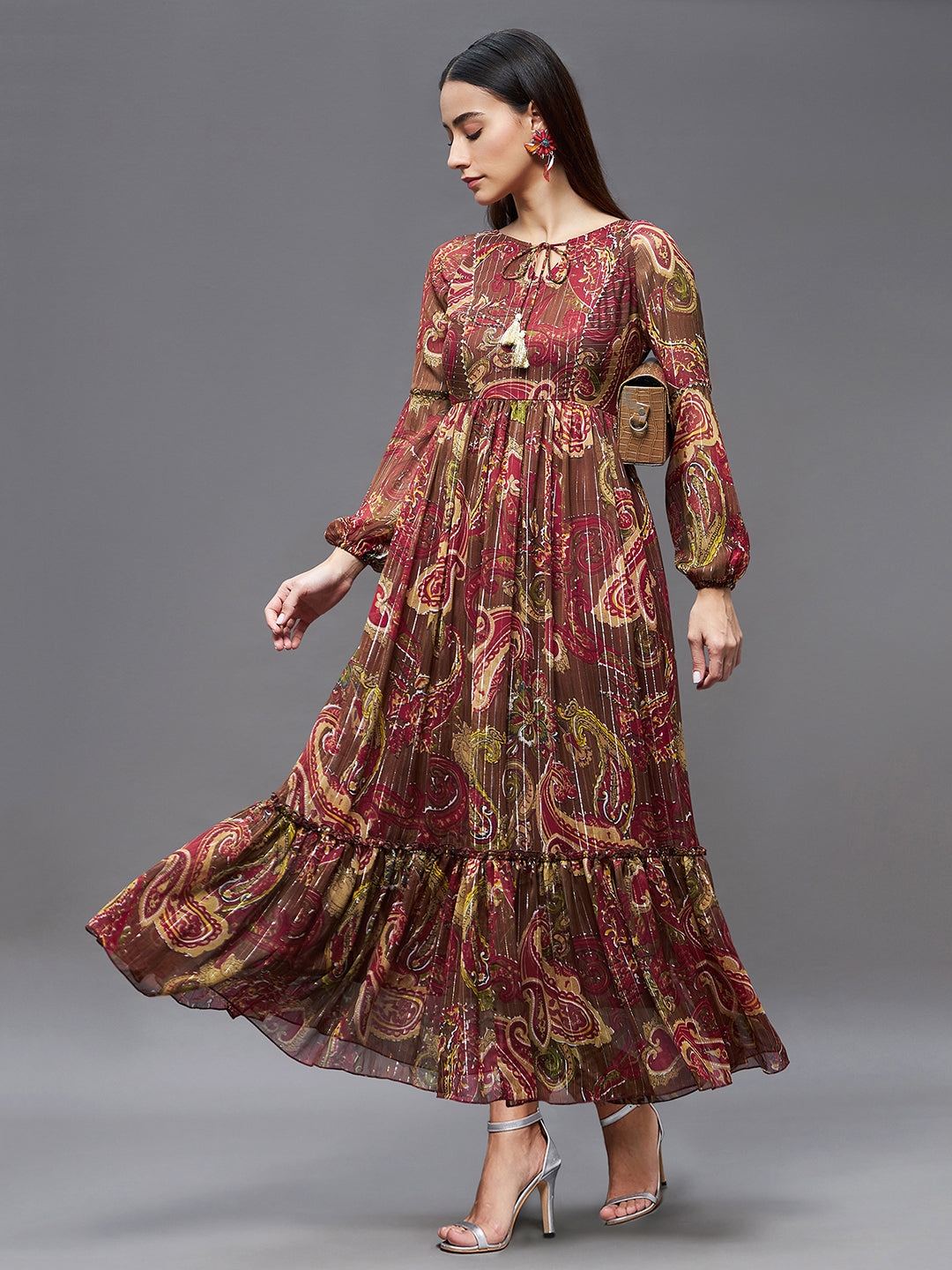 Multicolored-Base-Brown Relaxed Fit Maxi Lurex Chiffon Dress