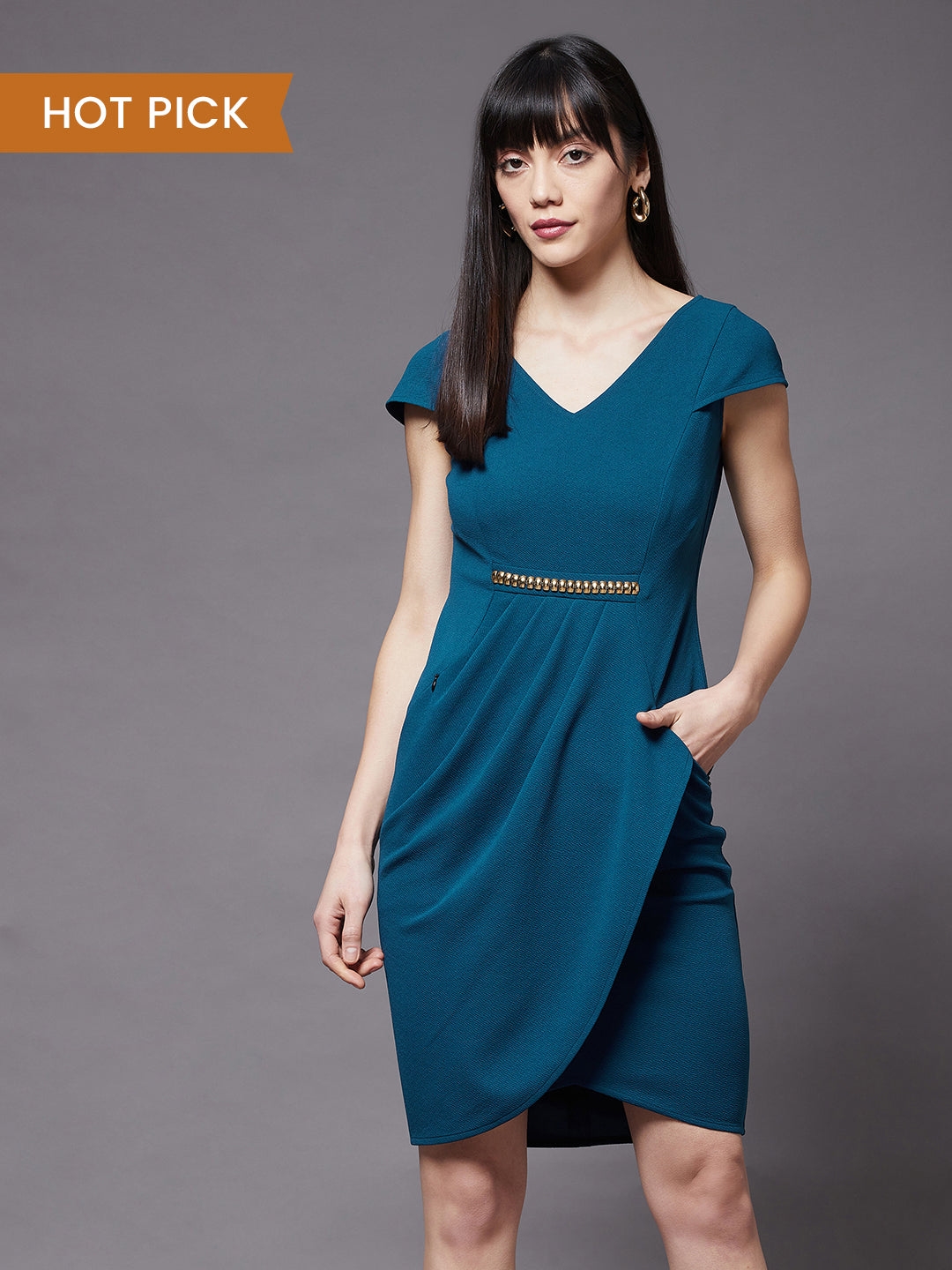 MISS CHASE | Teal V-Neck Cap Sleeve Solid Wrapped Polyester Knee-Long Dress