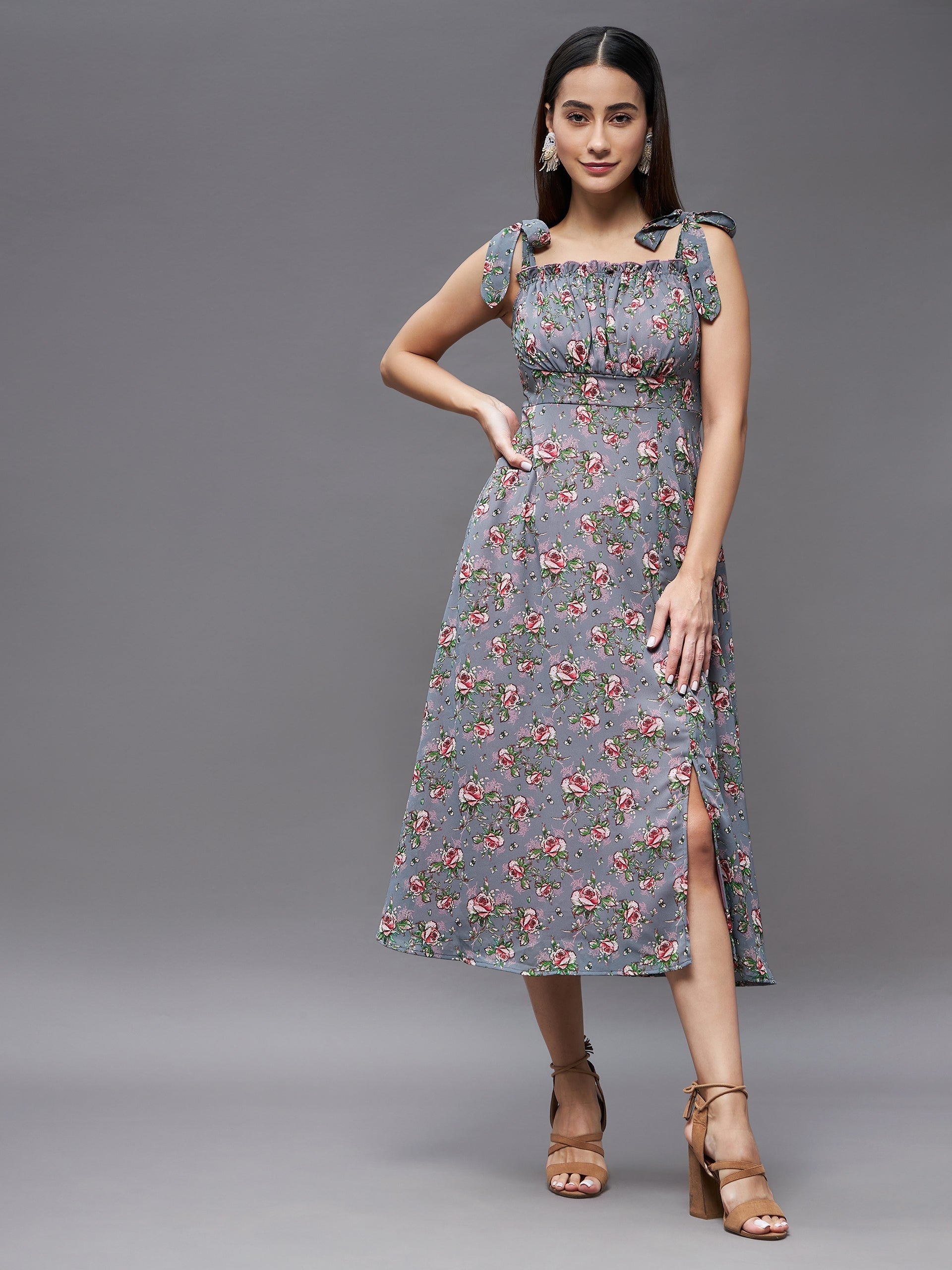 MISS CHASE | Multicolored Base-Grey Shoulder Tie-Up Sleeveless Floral Georgette Midi Dress