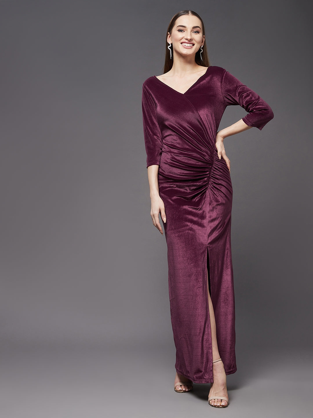 MISS CHASE | Dark Mauve V-Neck 3/4th Sleeve Solid Ruched Maxi Dress