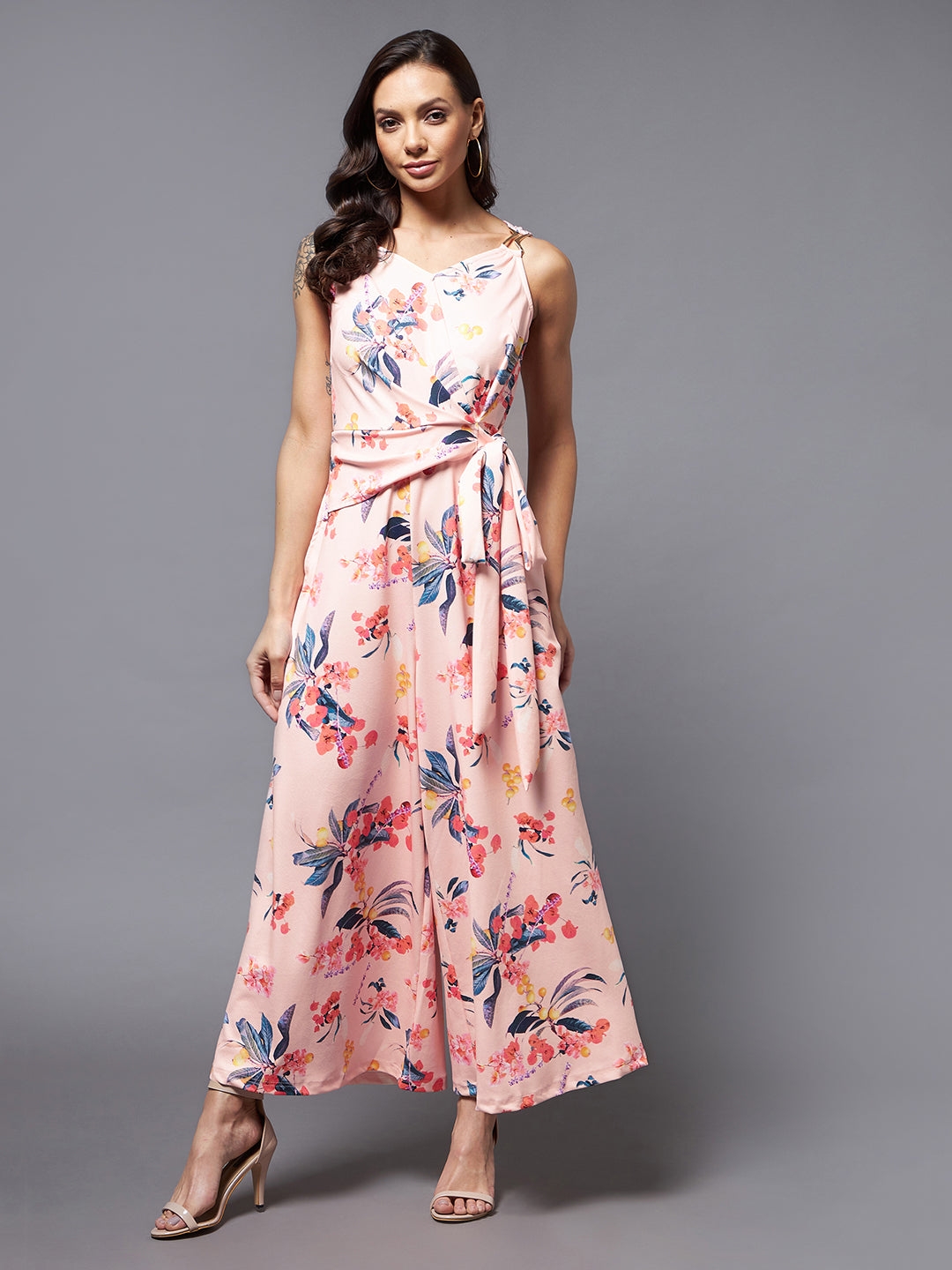MISS CHASE | Multicolored-Base-Peach V-Neck Sleeveless Floral Wrap/Wide Leg Regular Jumpsuit