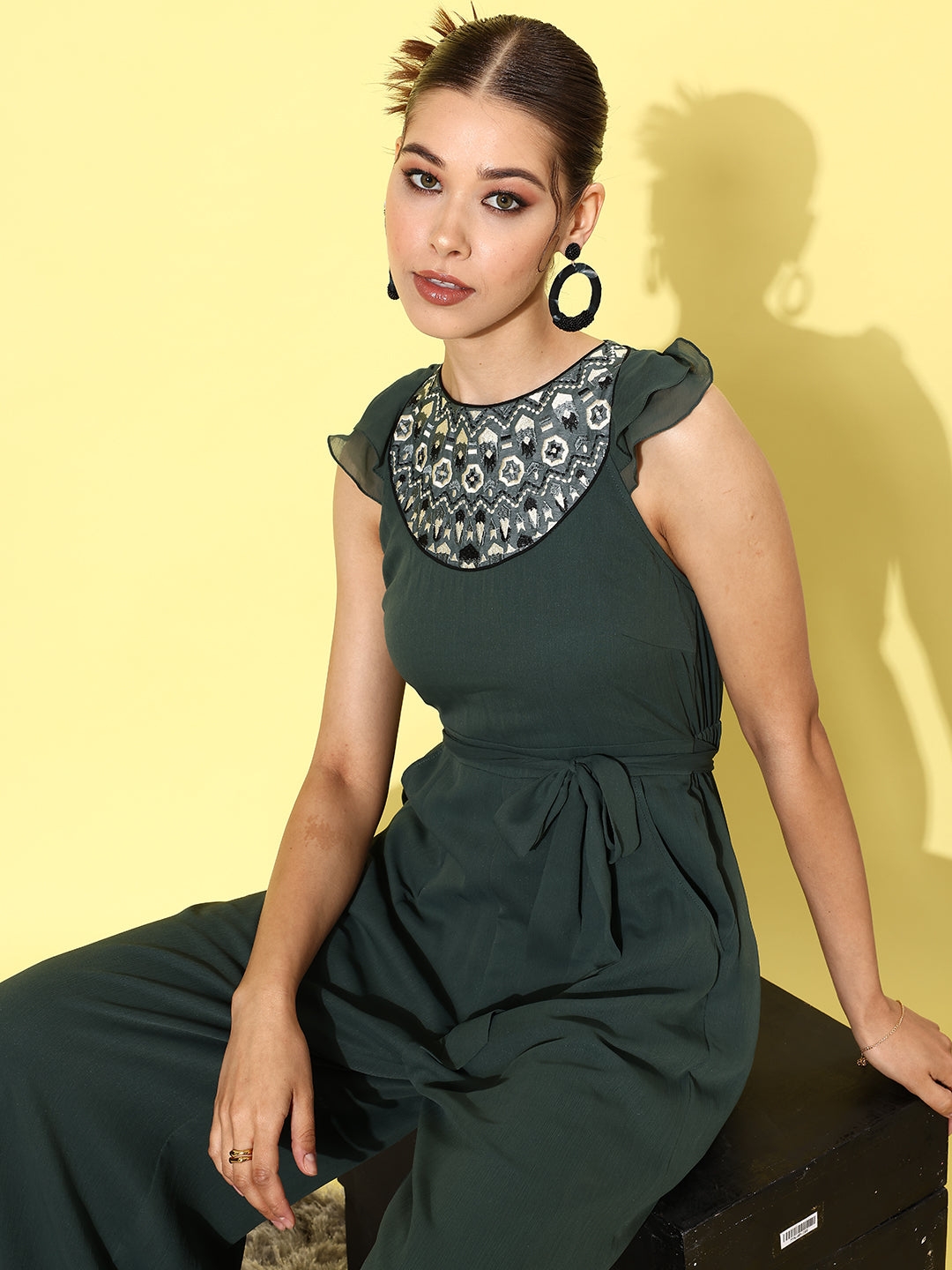 MISS CHASE | Dark Green Round Neck Ruffled Sleeve Solid Embroidered Regular Jumpsuit