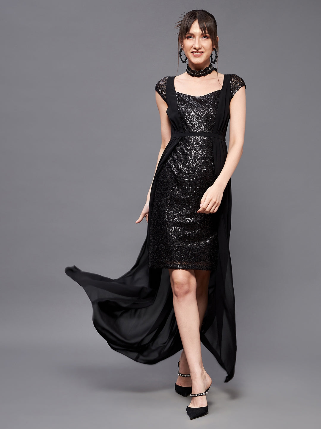 MISS CHASE | Women's Black Polyester EmbellishedEveningwear Maxi Dress