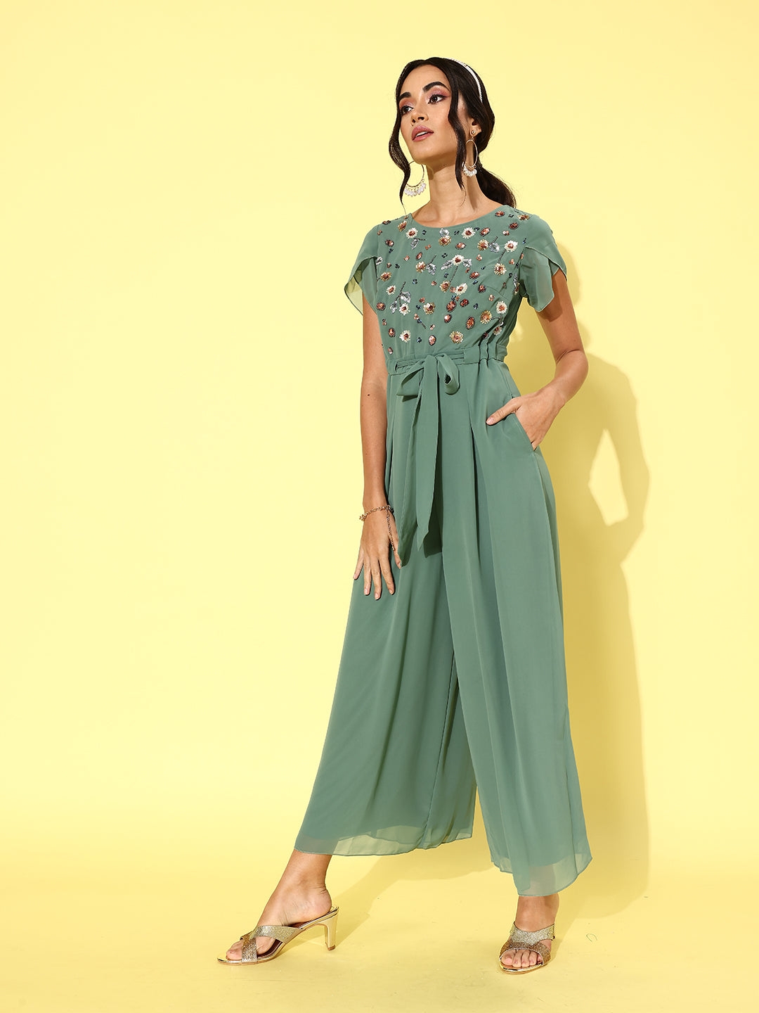 MISS CHASE | Women's Green Georgette  Jumpsuits