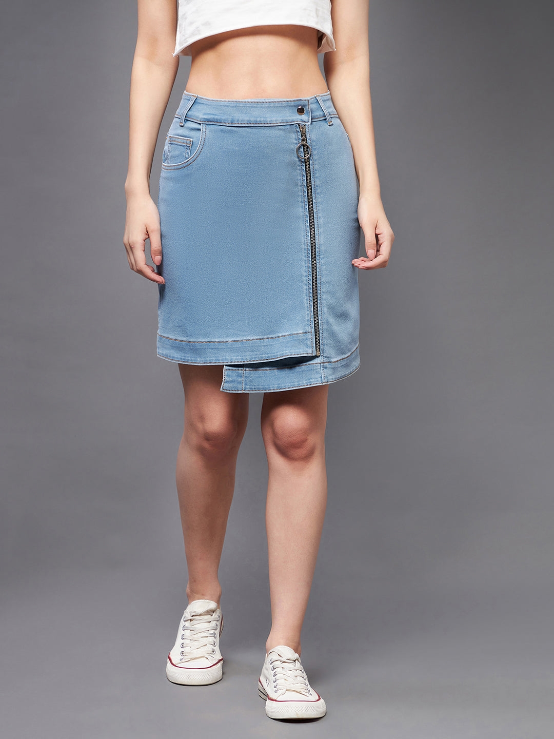 MISS CHASE | Light Blue Regular High rise Clean look Above Knee Stretchable Denim Skirt