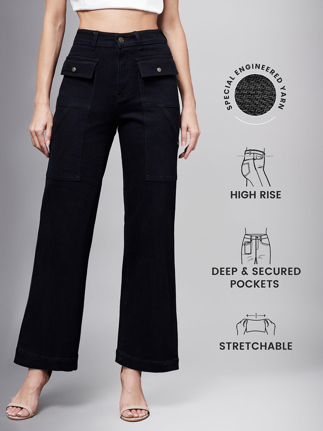 Black flared High rise Clean look Regular Stretchable Denim Jeans