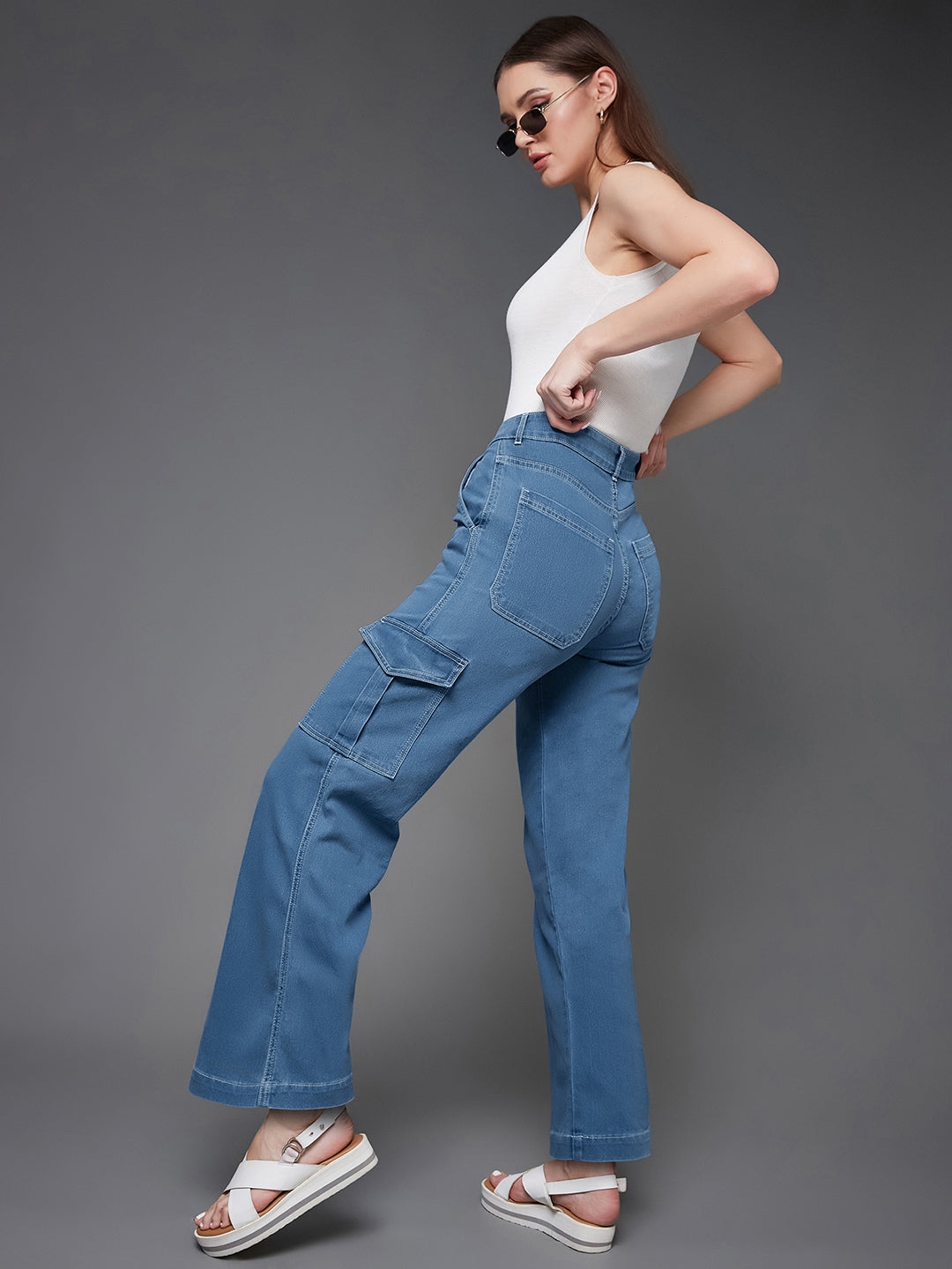 Blue Wide leg High rise Clean look Regular Stretchable Denim Jeans