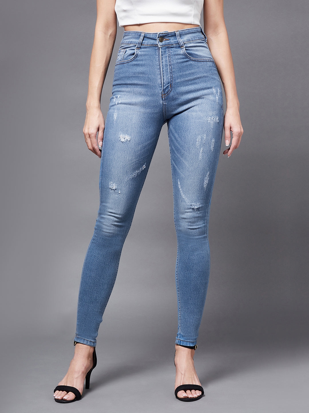 Blue Skinny High Rise Mild Distress Regular Stretchable Denim Jeans