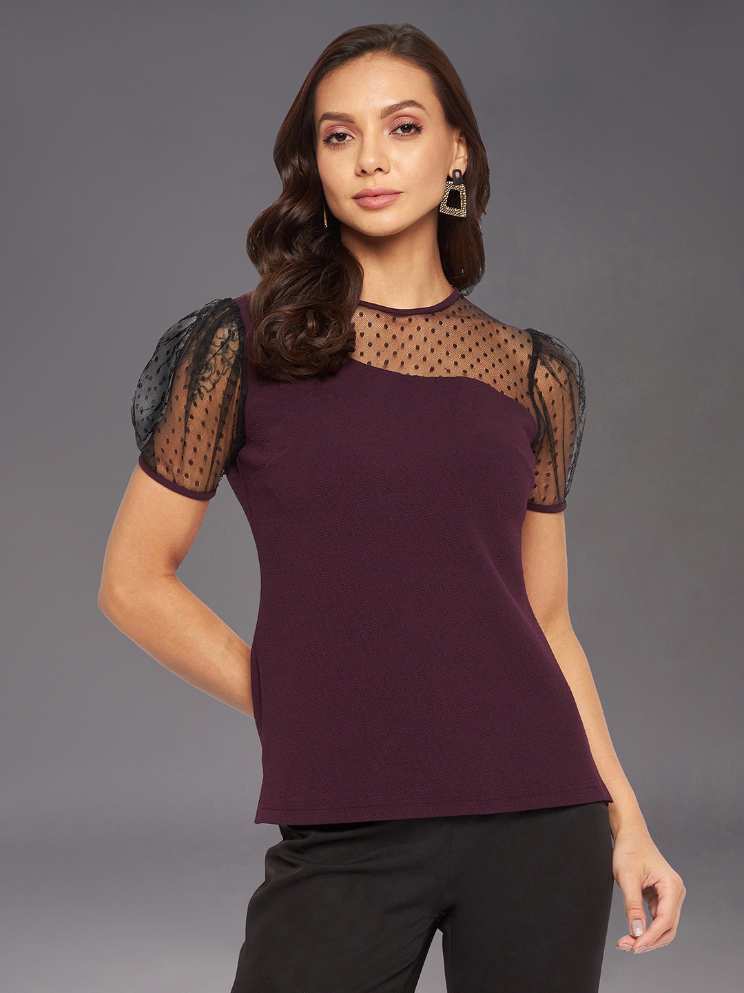 MISS CHASE | Dark Purple & Black Solid Round Neck Short Sleeve Relaxed Fit Regular Top