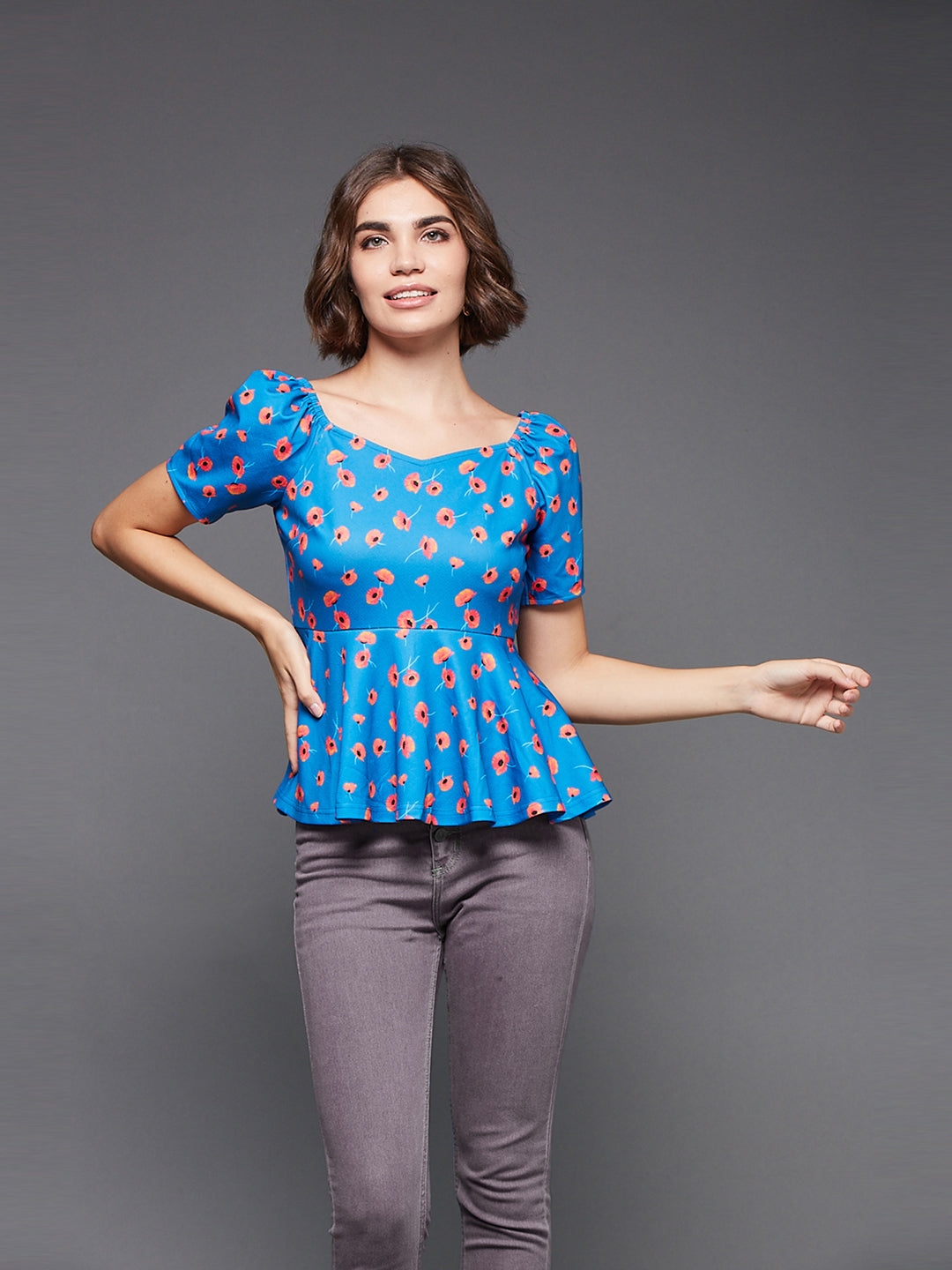 MISS CHASE | Multicolored-Base-Blue Slim Fit Regular Premium Polyknit Top