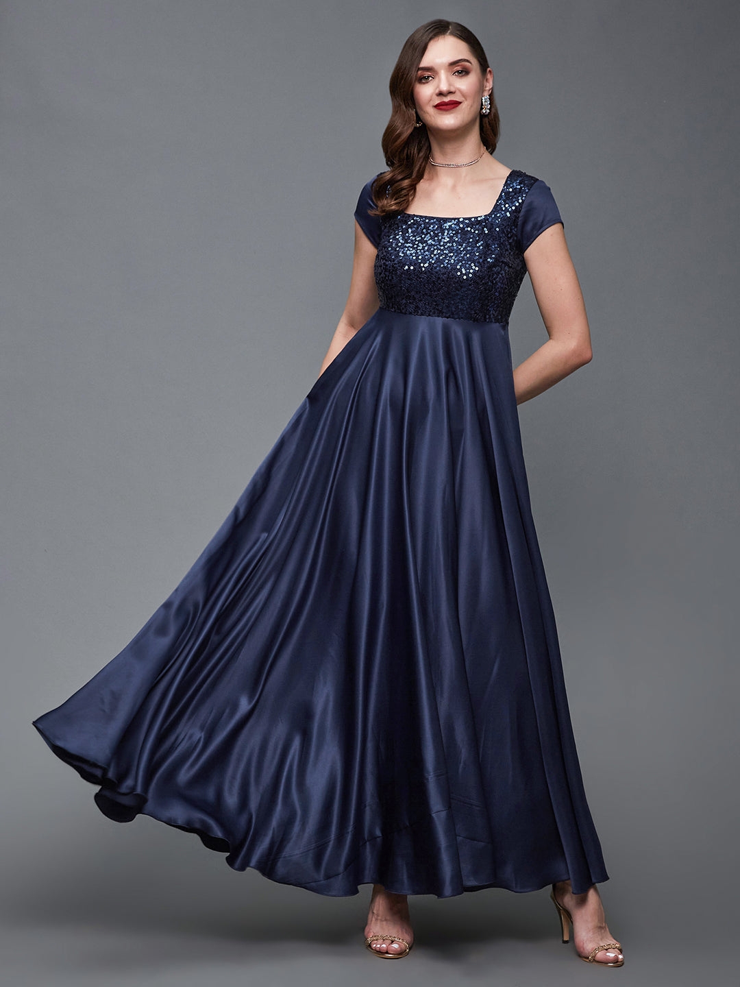 MISS CHASE | Women's Blue Polyester EmbellishedEveningwear Maxi Dress