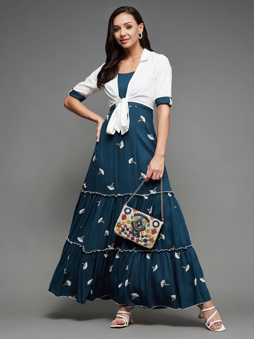MISS CHASE | Women's Blue Viscose Rayon PrintedEveningwear Gowns