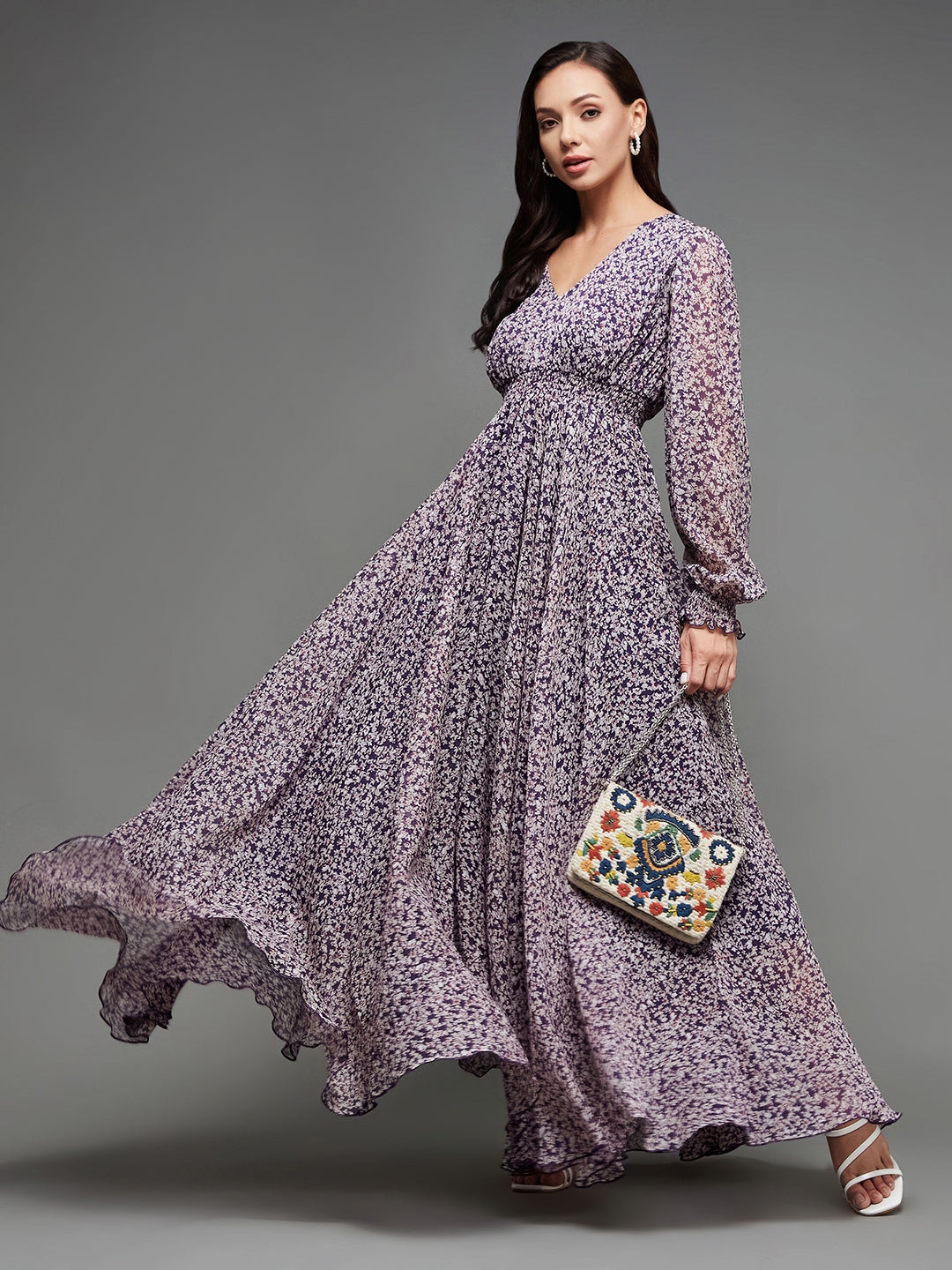 Multicolored-Base-Purple V-Neck Bishop Sleeve Floral Gathered Chiffon Maxi Dress