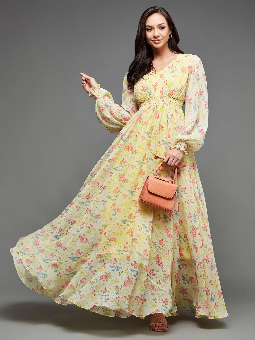 Multicolored-Base-Lime Yellow V-Neck Bishop Sleeve Floral Gathered Chiffon Maxi Dress