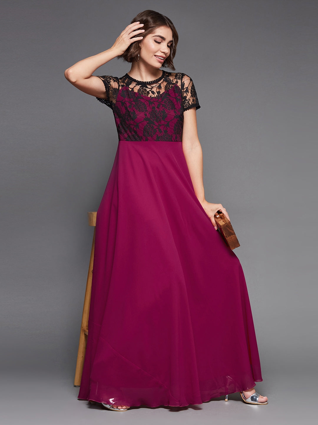 Dark Pink Georgette Round Neck Short Sleeve Self Design Lace Overlaid Maxi Dress