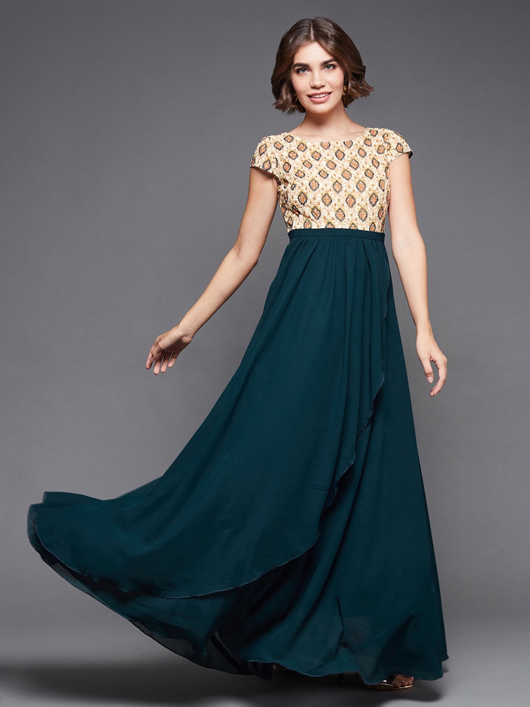 Multicolored-Base-Teal Georgette Round Neck Cap Sleeve Floral Layered Maxi Dress