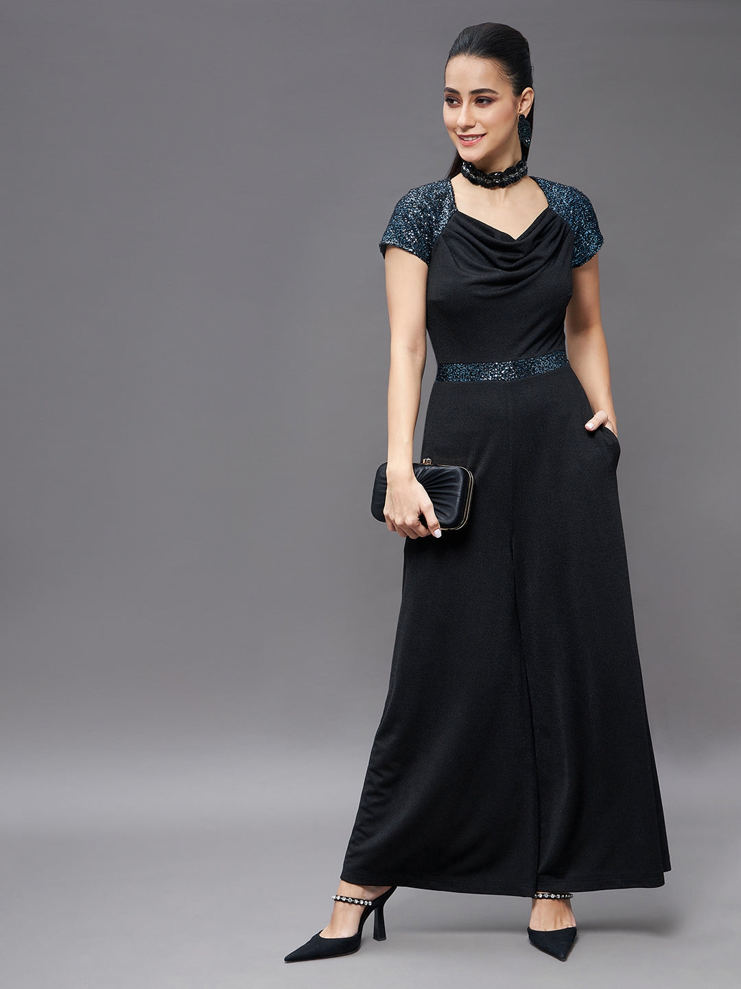 Women's Black Polyester  Jumpsuits