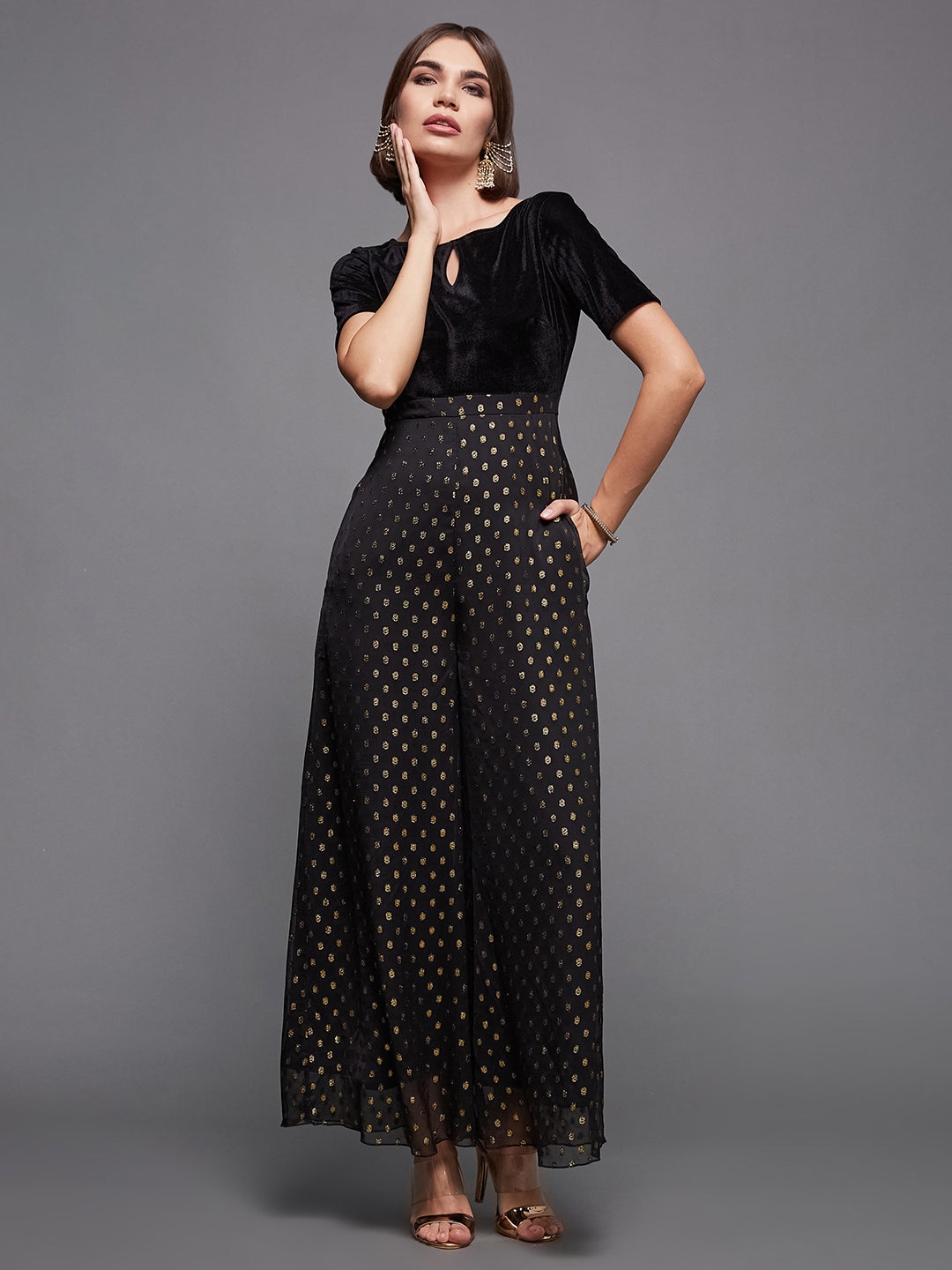 Black Boat Neck Half Sleeve Wide-Leg Regular-Length Polyester Printed Jumpsuit