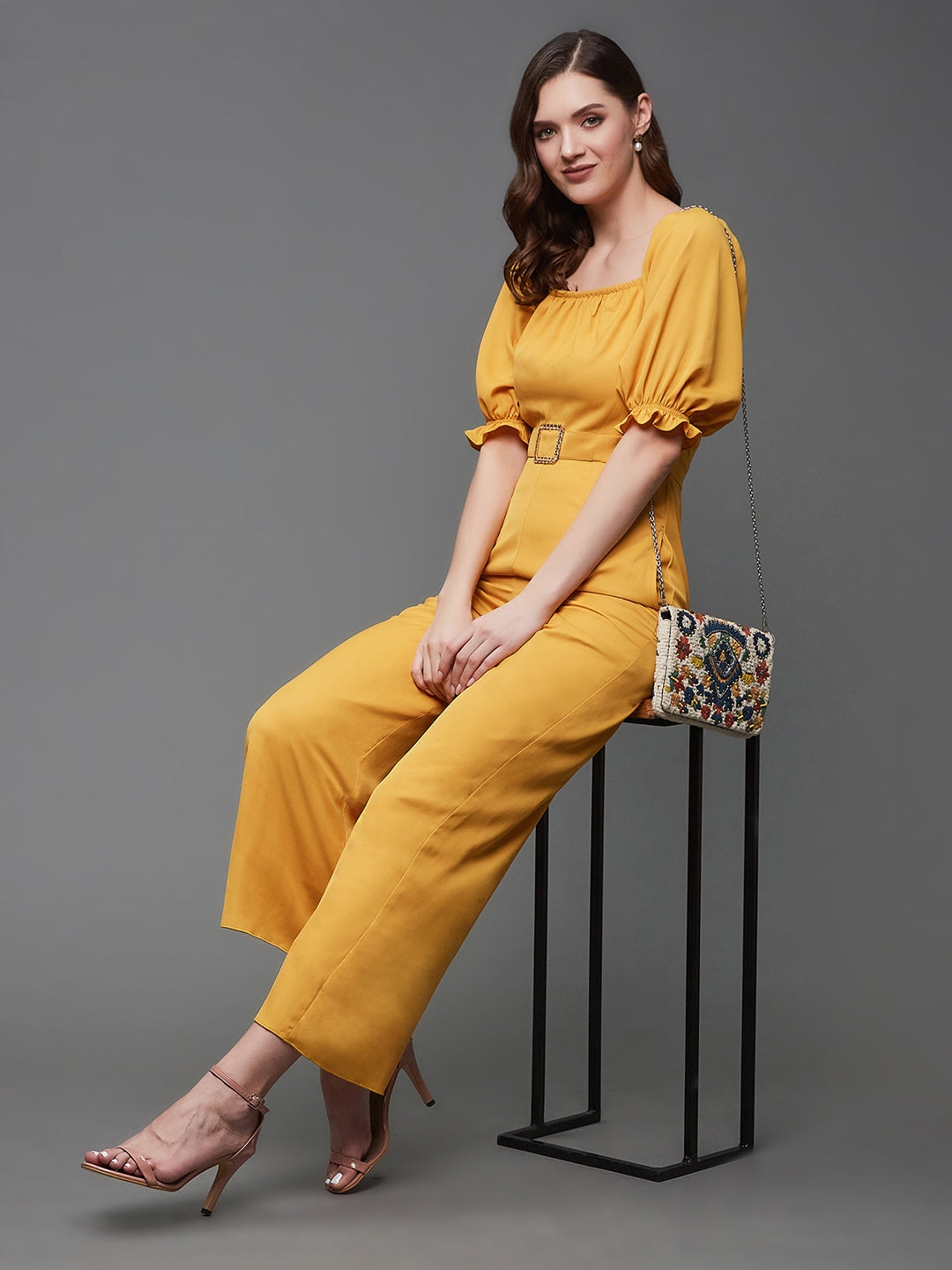 MISS CHASE | Women's Yellow Crepe  Jumpsuits