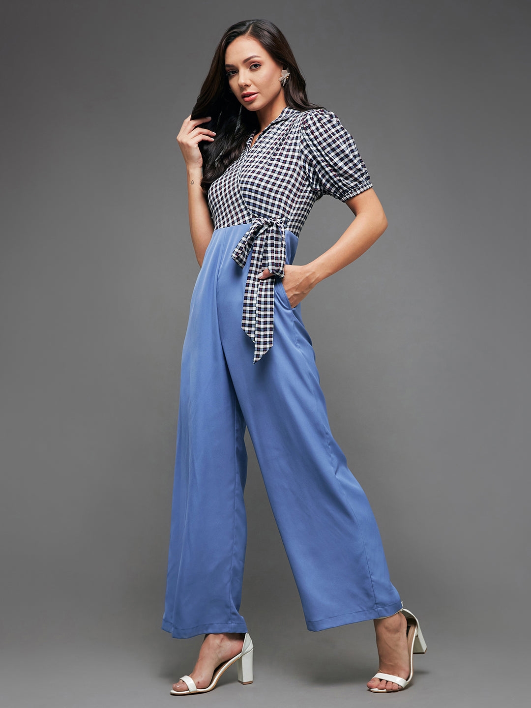 MISS CHASE | Multicolored-Base-Powder Blue Notched Collared Puff Sleeve Checkered Wrap Regular Crepe Jumpsuit