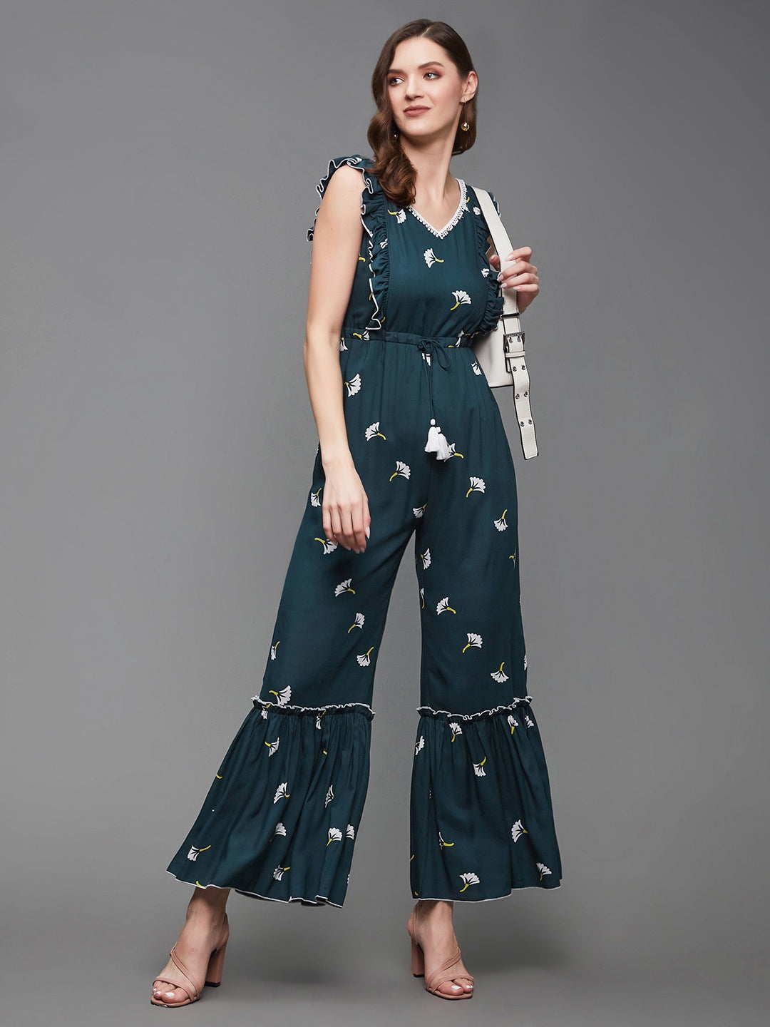 MISS CHASE | Multicolored-Base-Teal Floral V-Neck Ruffled Sleeves Viscose Rayon Tiered Regular-Length Jumpsuit