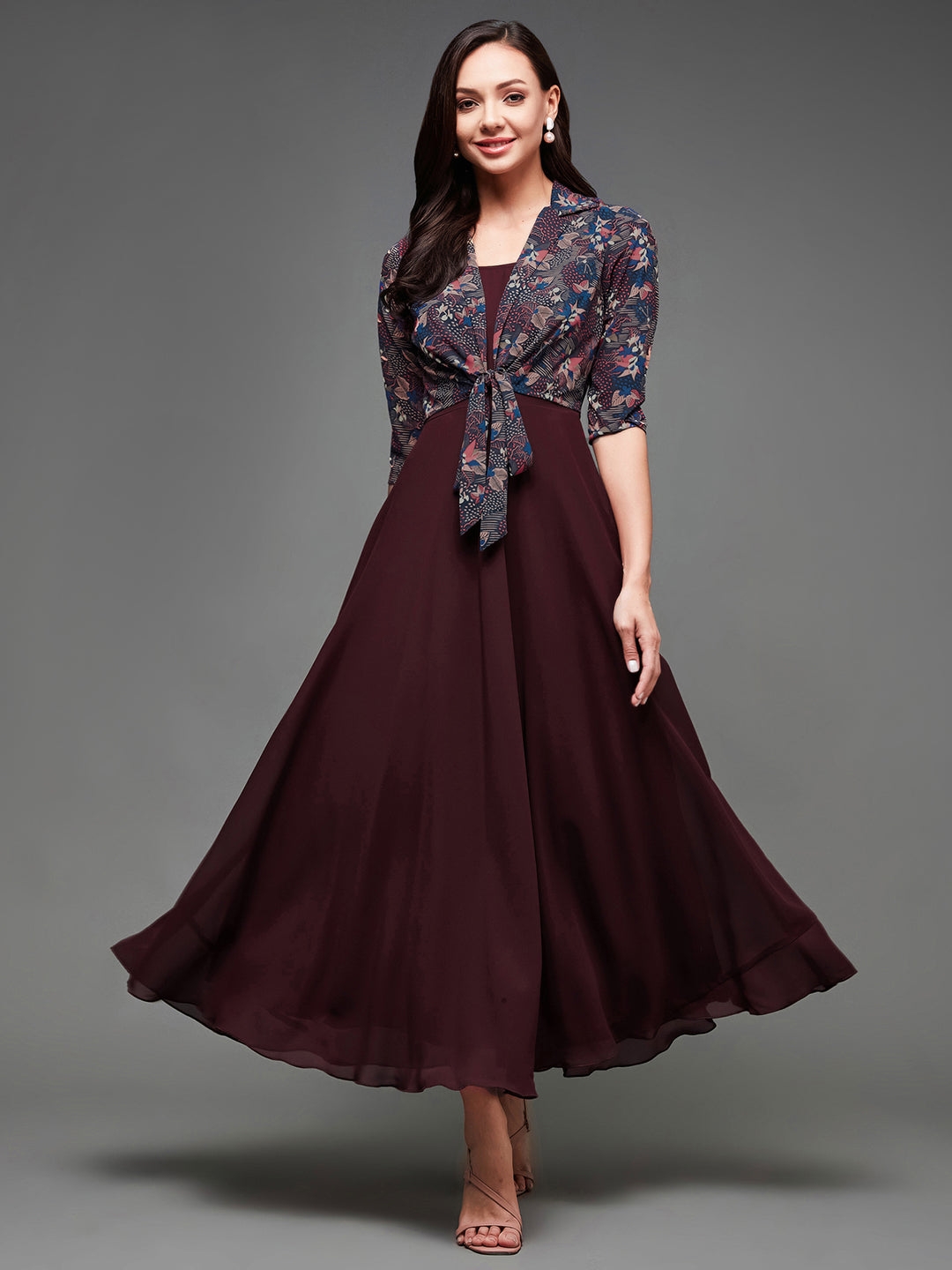 Multicolored-Base-Wine Floral Notched Collar 3/4 Sleeve Georgette Jacket Style Maxi Dress