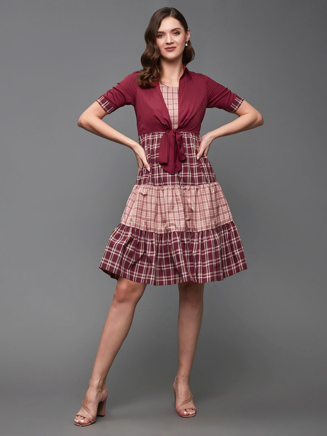 Multicolored-Base-Maroon Checkered Shirt Collar Cuffed Sleeves Polyester Tiered Above-Knee Dress