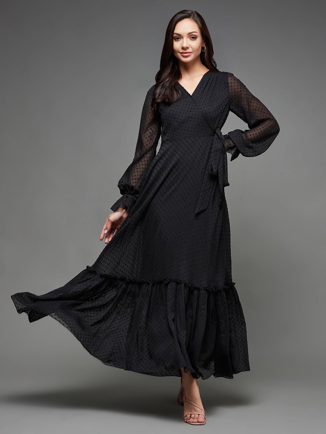 MISS CHASE | Black Self Design V-Neck Bishop Sleeves Chiffon Wrap Maxi Dress
