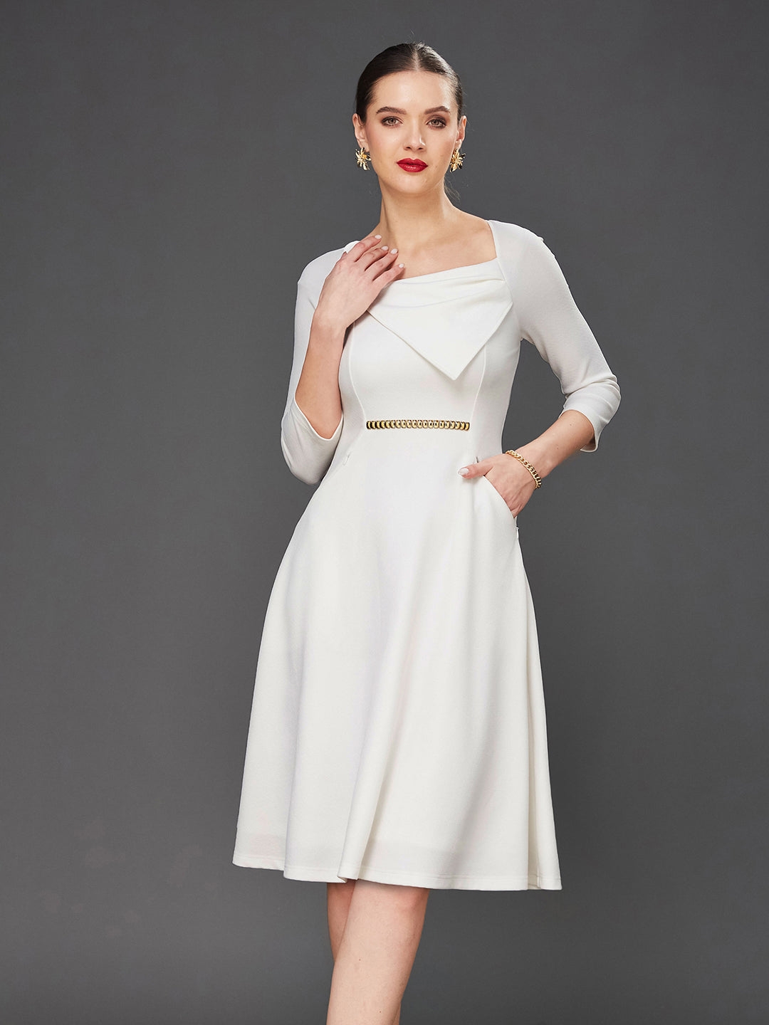 Off White Solid Square Neck Raglan Sleeves Side Pocketed Polyester Fit and Flare Knee-Length Dress