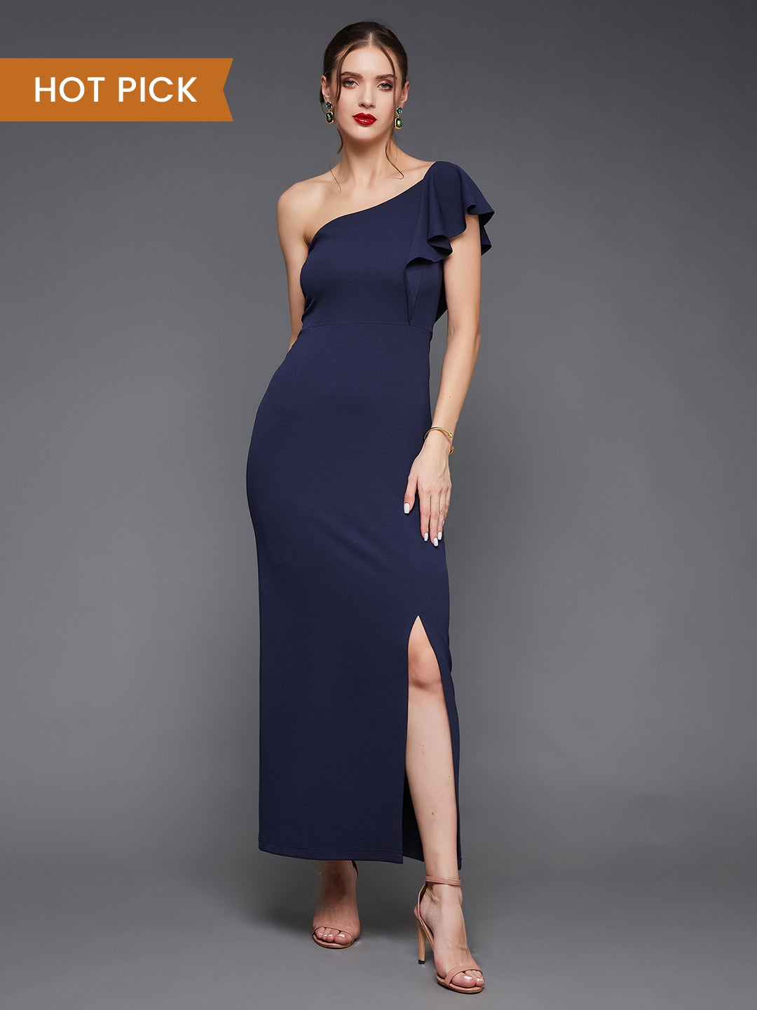 MISS CHASE | Navy Blue Solid One Shoulder Sleeveless Ruffled Maxi Dress