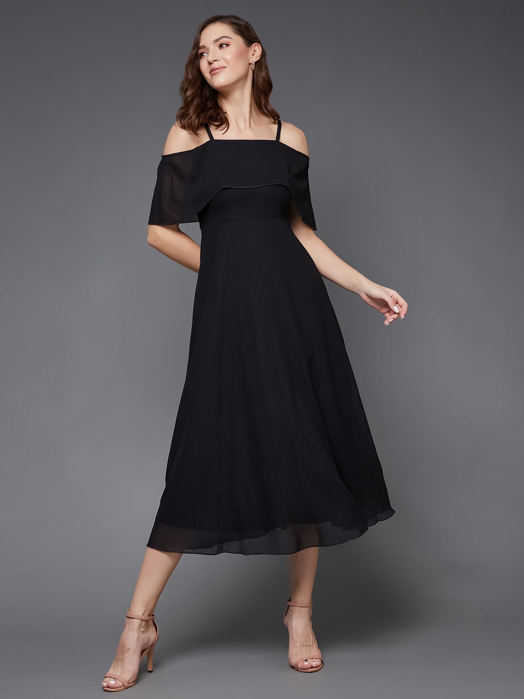 MISS CHASE | Black Bardot Style Sleeveless Spaghetti Strap Solid Off Shoulder Midi Skater Dress