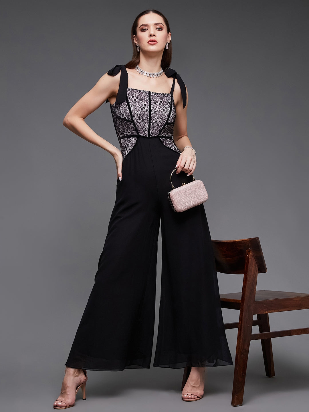 MISS CHASE | Black & Dusty Pink Square Neck Sleeveless Self Design Lace Overlaid Regular Jumpsuit