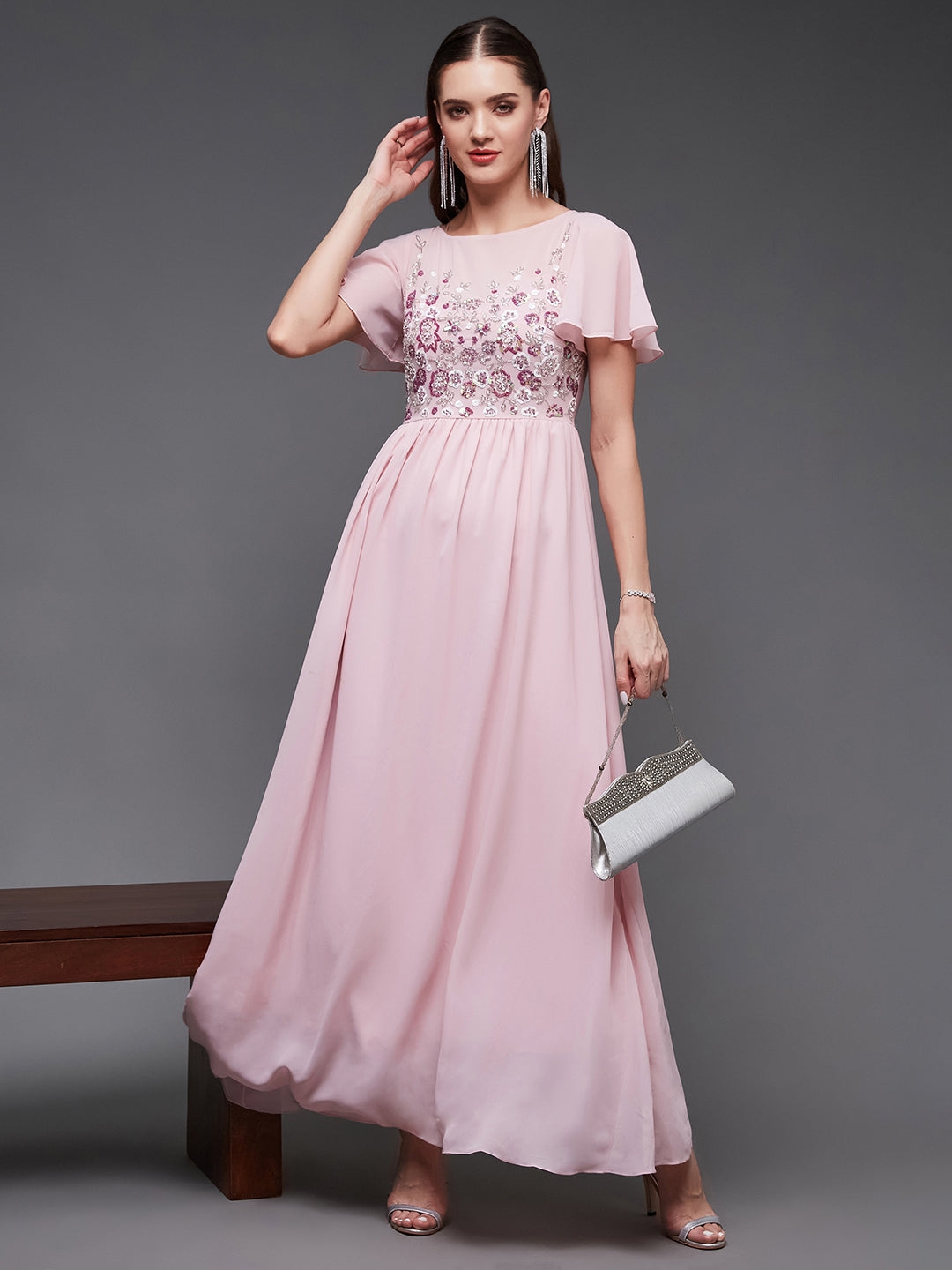 MISS CHASE | Women's Pink Georgette EmbellishedEveningwear Gowns