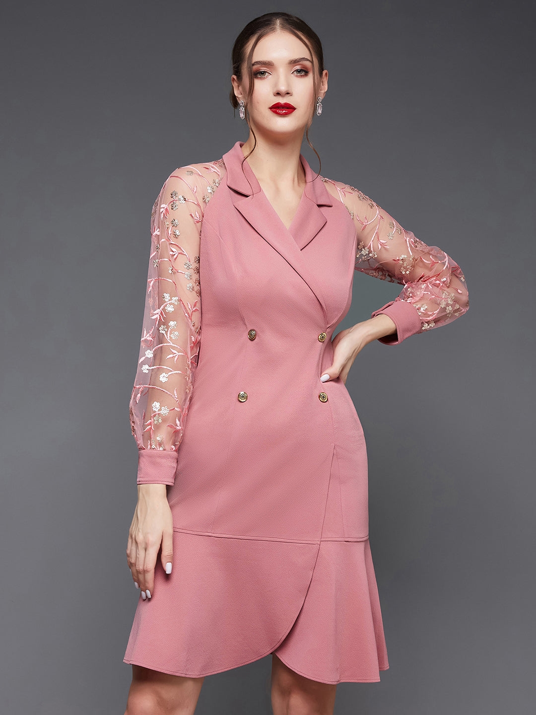 Dusty Pink & Golden Solid Embroidered Double Breasted Knee Length Dress