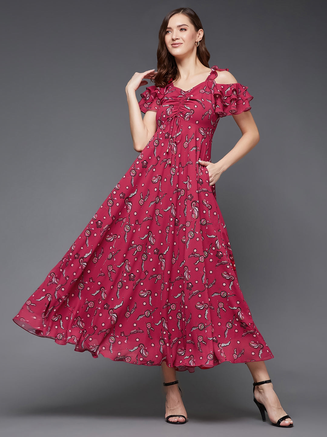 MISS CHASE | Multicolored-Base-Dark Pink Sweetheart Ruffled Floral Ruching Maxi Dress