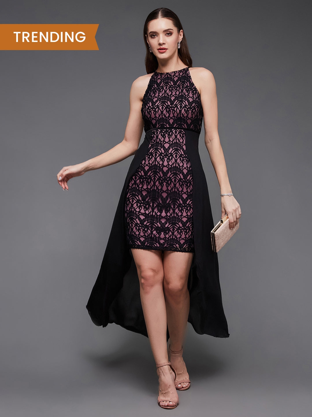 MISS CHASE | Black & Dusty Lavender Round Neck Sleeveless Self Design Lace-overlaid Knee-Long Dress