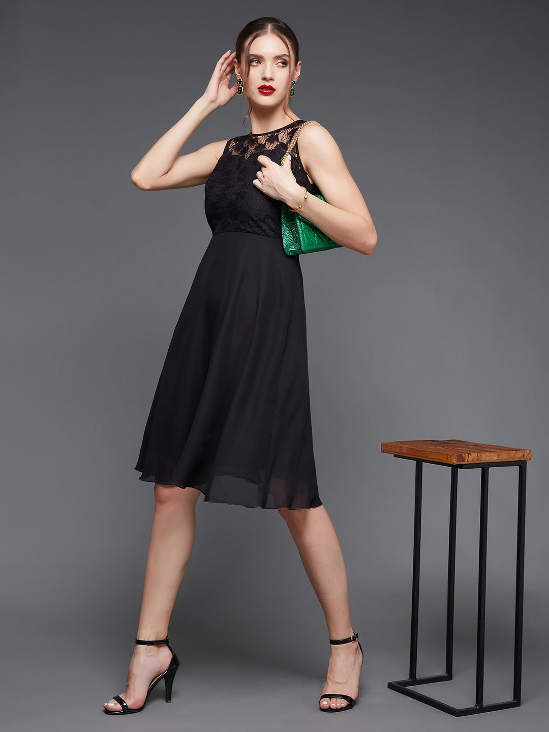 MISS CHASE | Black Round Neck Sleeveless Solid Mini Lace Skater Dress