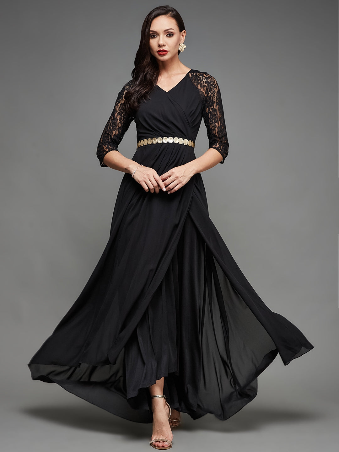 MISS CHASE | Black V-Neck Raglan Embellished Wrap Maxi Georgette Dress