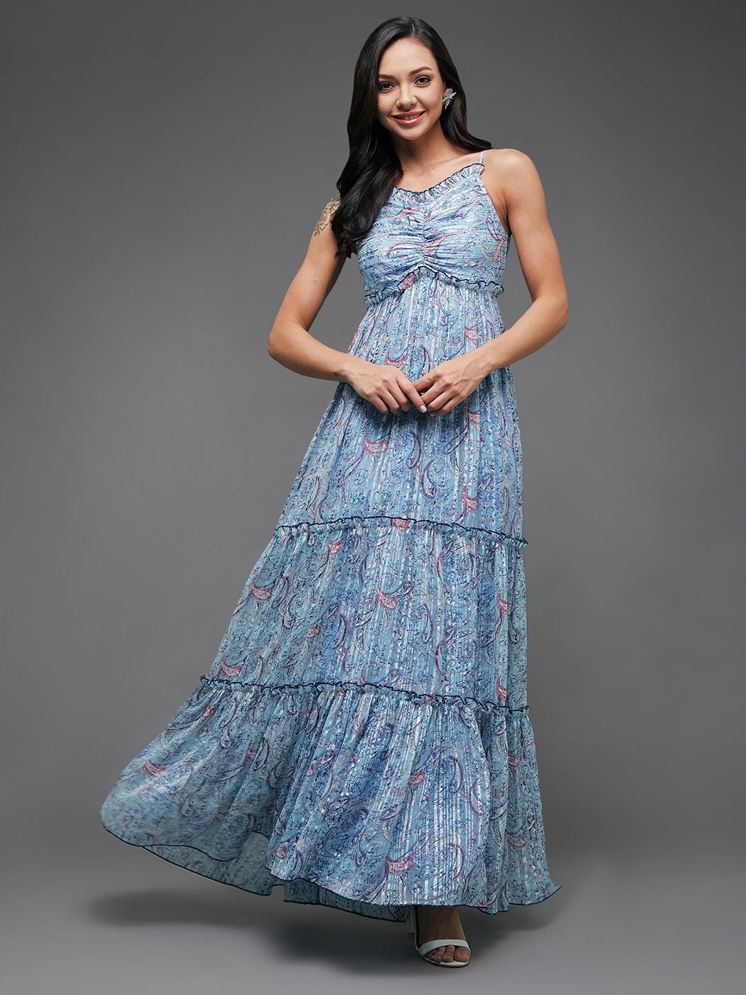 MISS CHASE | Multicolored-Base-Sky Blue Sweetheart Neckline Adjustable Shoulder Strap Paisley Patterned Tiered Maxi Georgette Dress