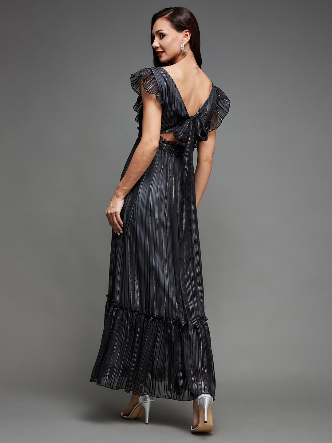 Black Square Neck Layered Ruffles Sleeve Floral Patterned Tiered Maxi Georgette Dress