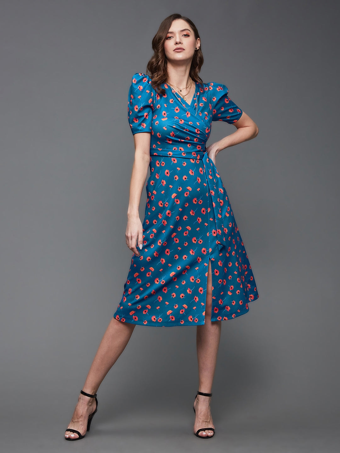 MISS CHASE | Multicolored-Base-Blue V-Neck Pleated Puff Sleeve Floral Patterned Wrap Midi Polyester Dress