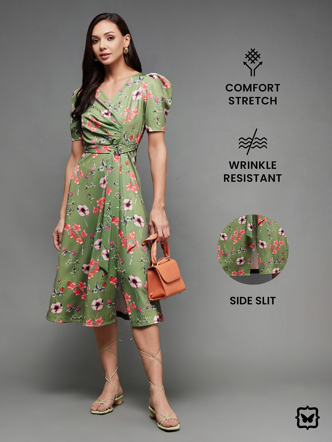 Multicolored-Base-Green V-Neck Pleated Puff Sleeve Floral Patterned Wrap Midi Polyester Dress