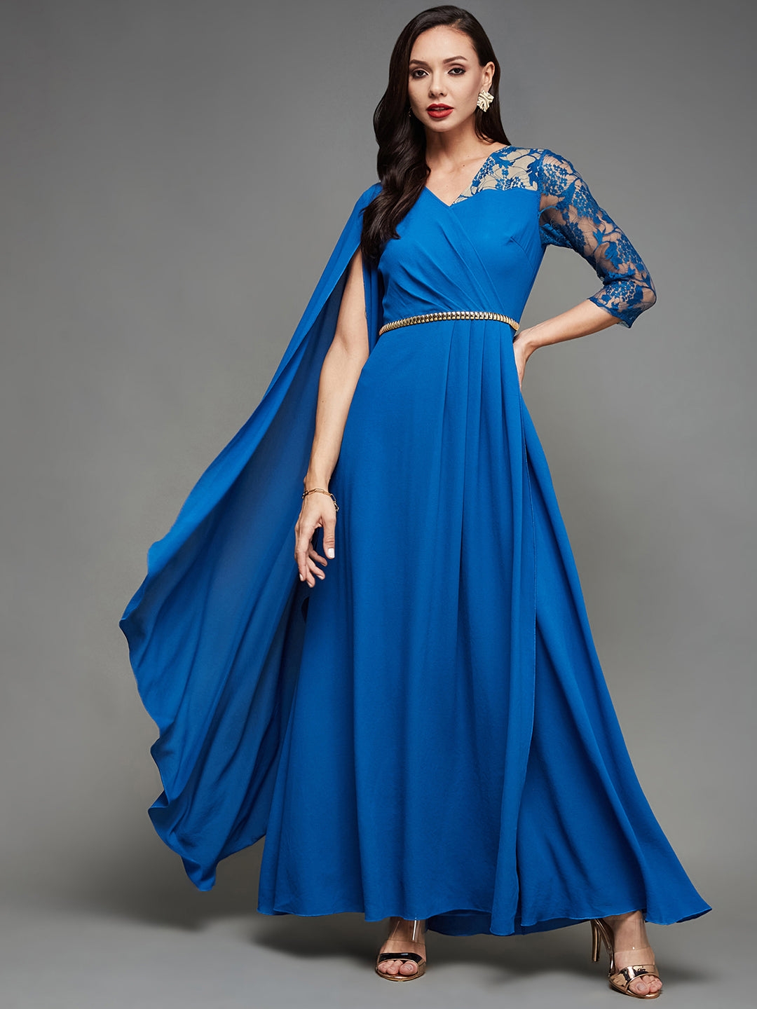 MISS CHASE | Women's Blue Georgette SolidEveningwear Maxi Dress
