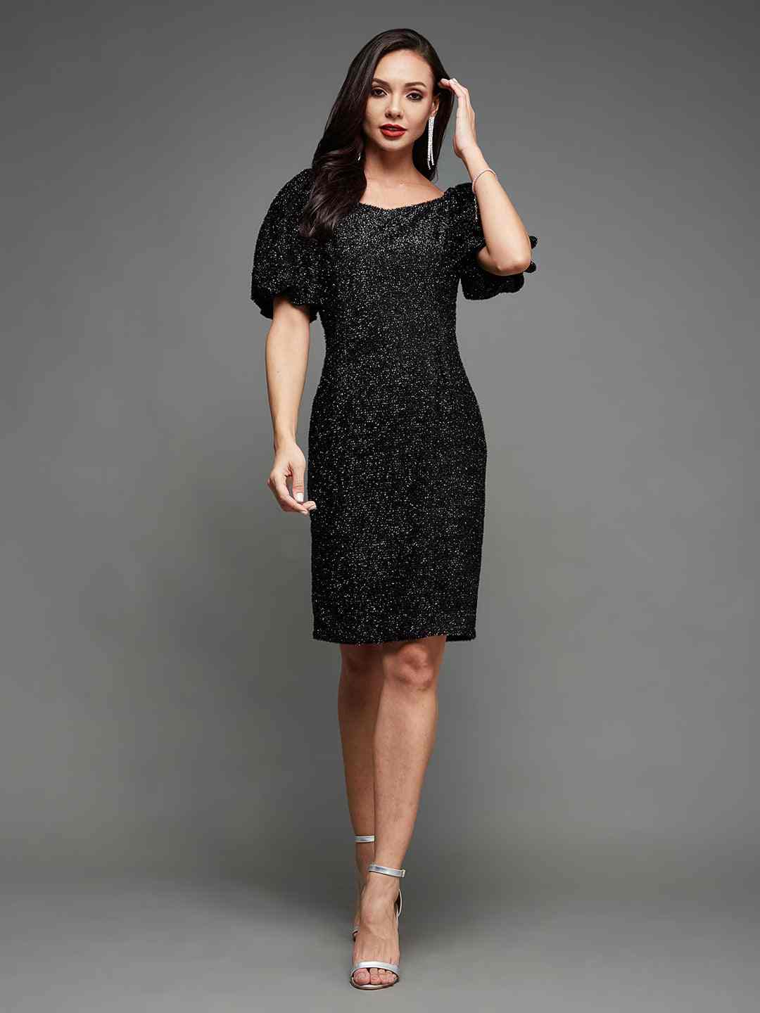 Women's Black Polyester EmbellishedEveningwear Shift Dress