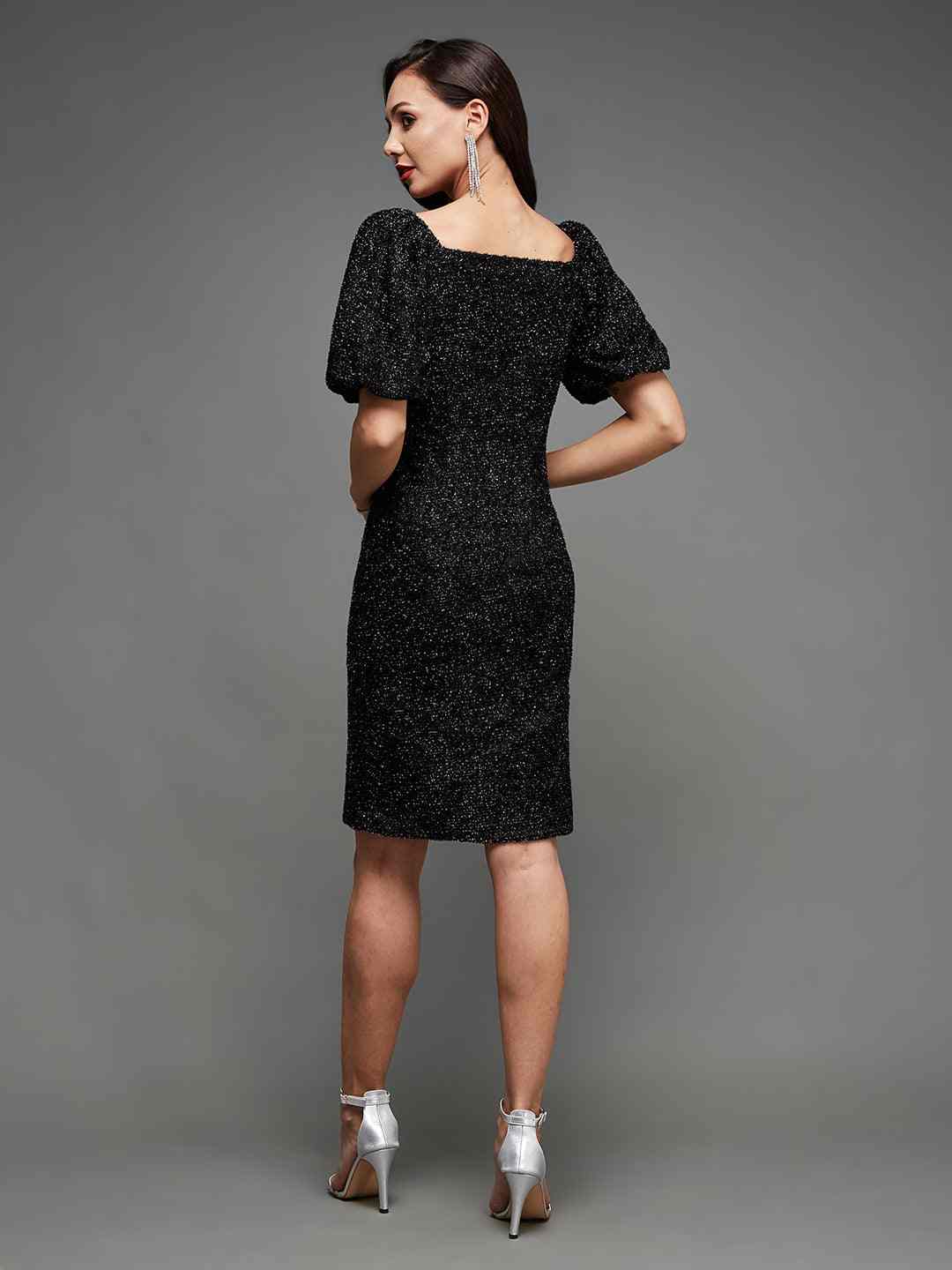 Women's Black Polyester EmbellishedEveningwear Shift Dress