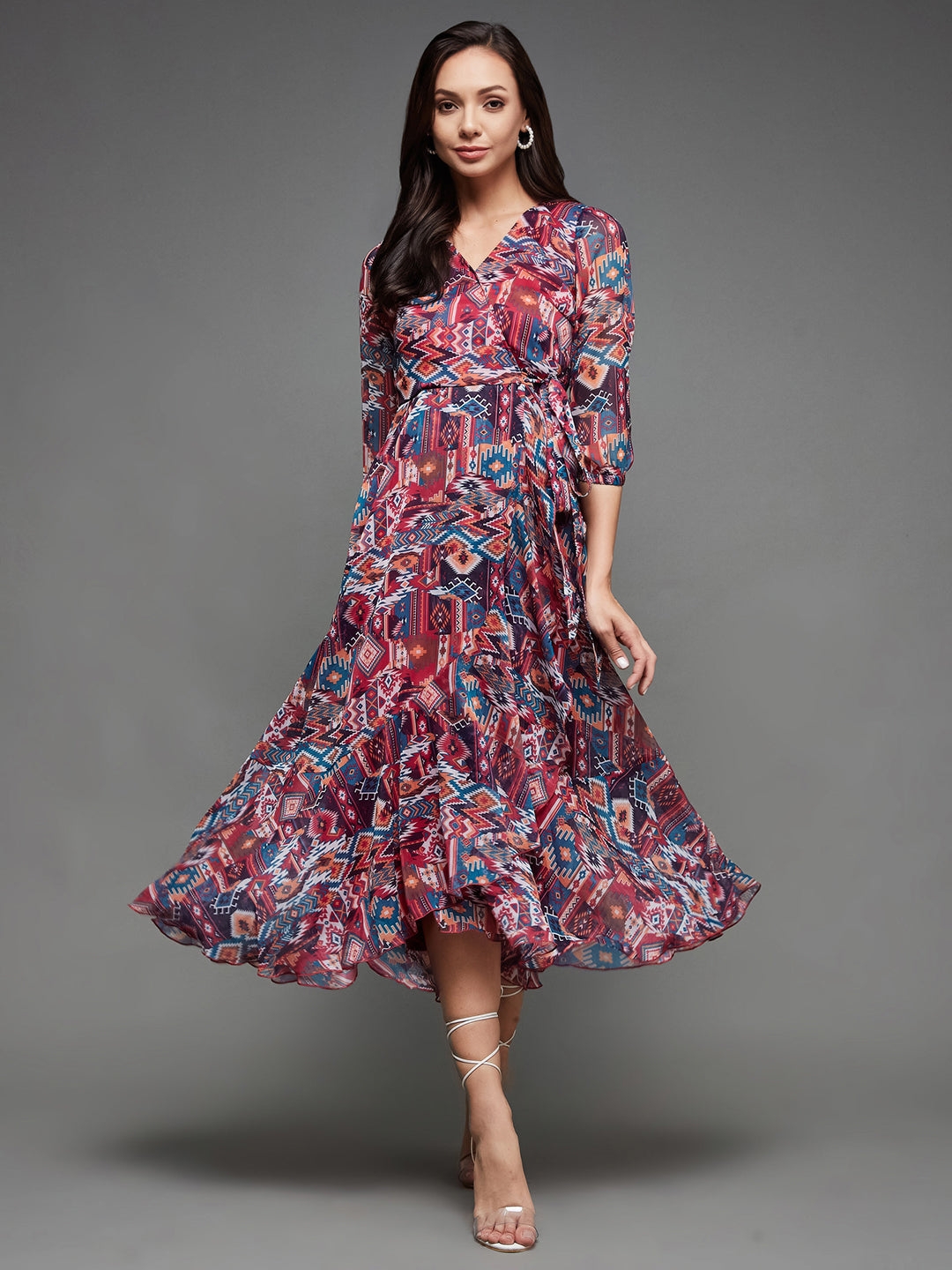 Multicolored V-Neck Three-Quarter Sleeve Geometric Patterned Wrap Midi Chiffon Dress
